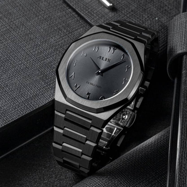 Arabic Dial Watch for Men - Black Ultra Thin Stainless Steel DSL