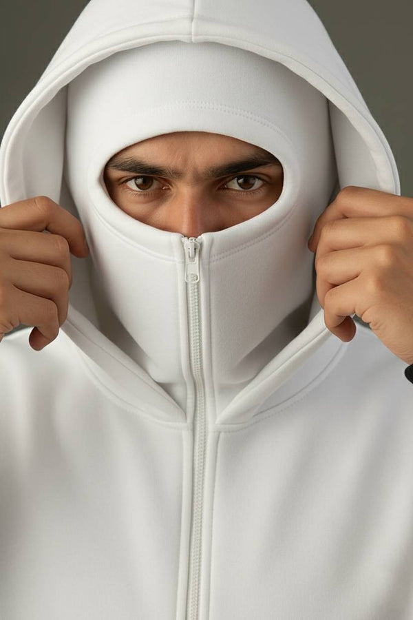 White Oversize Double Zip Balaclava Hoodie