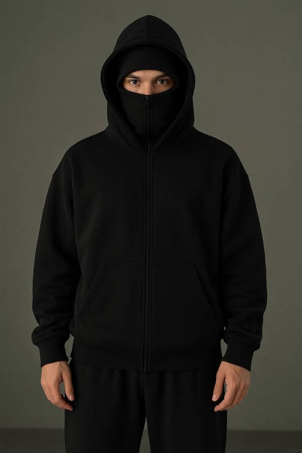 Black Oversize Double Zip Balaclava Hoodie