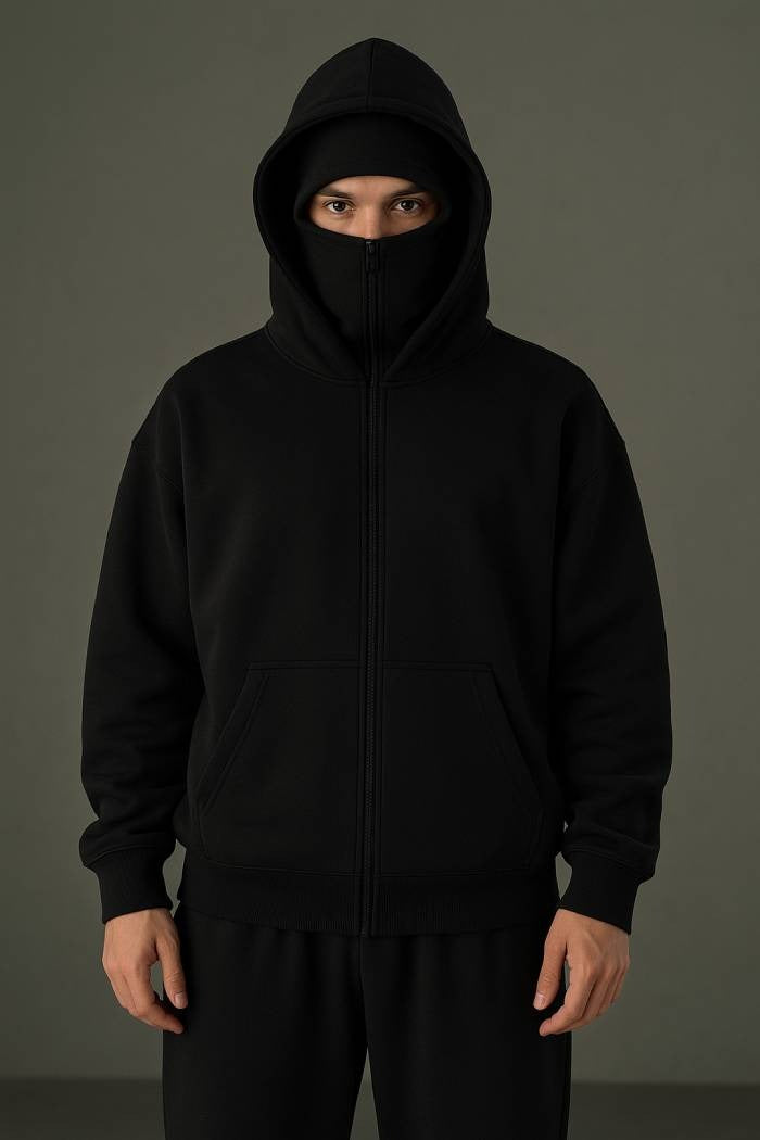 Black Oversize Double Zip Balaclava Hoodie