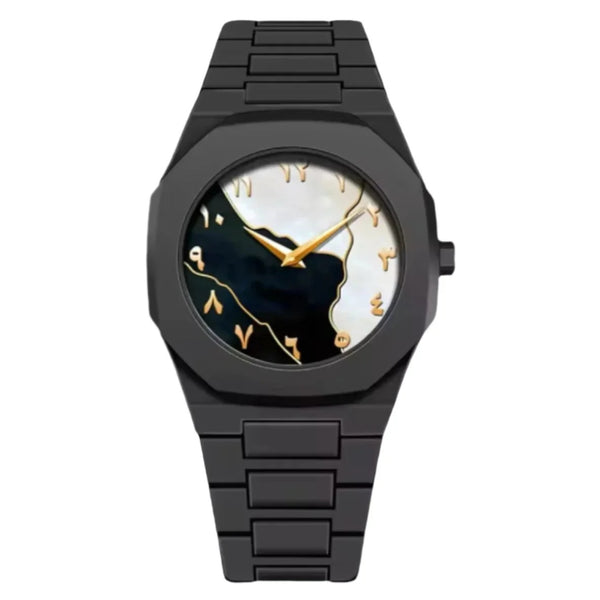 Luxury Gold Arabic Dial Watch for Men Black Stainless Steel