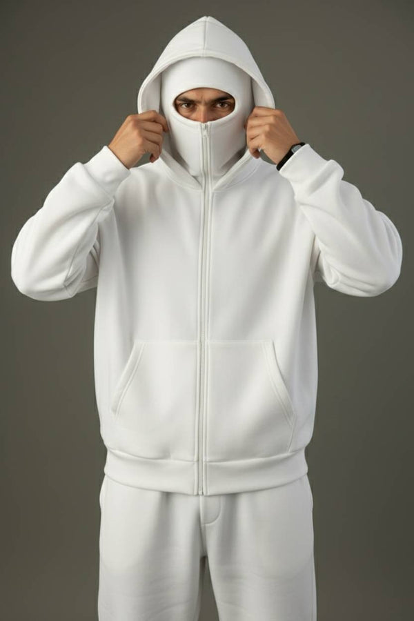 White Oversize Double Zip Balaclava Hoodie