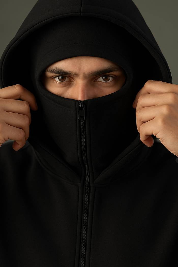 Black Oversize Double Zip Balaclava Hoodie